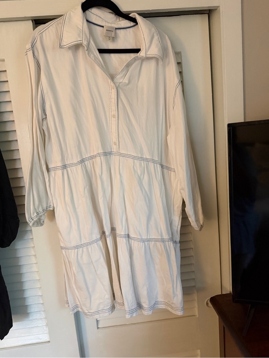 Maeve Tops - Maeve White Tiered Tunic Dress with Blue Contrast Stitching